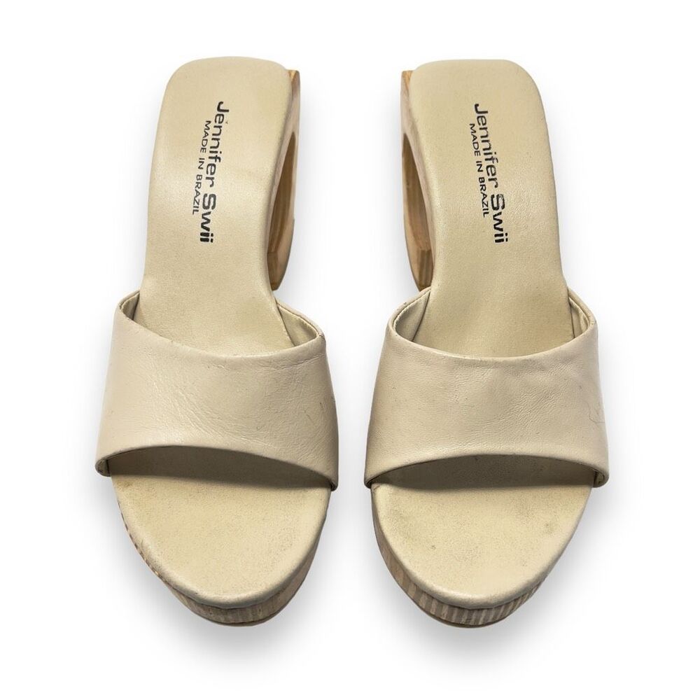 Anthropologie Jennifer Swii Cream Leather Platform Wooden Curved Heel Sandals 7 - Picture 2 of 11